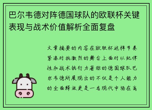 巴尔韦德对阵德国球队的欧联杯关键表现与战术价值解析全面复盘